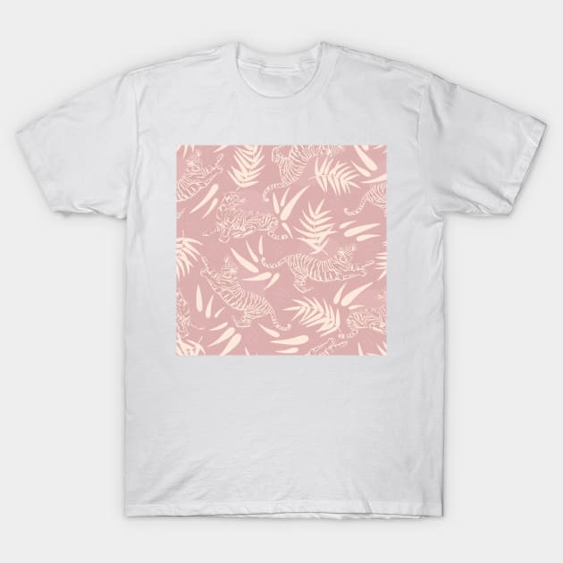 Tigers and Bamboo Leaves / Light Pink T-Shirt by matise